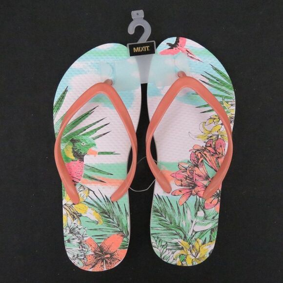 Parrot Tropical Flowers Pink Flip Flops Sandals - Picture 2 of 7